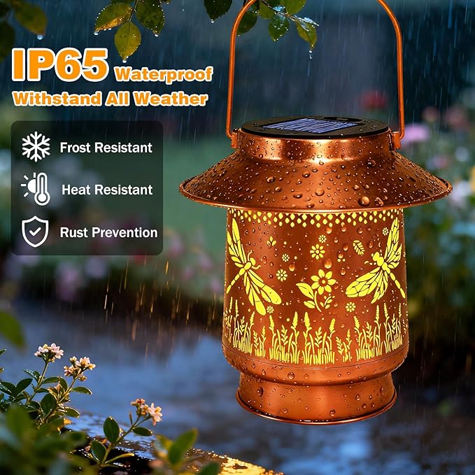 Dragonfly Solar Lanterns Outdoor Waterproof  Garden Decor Birthday Gifts for Women Mom GrandmaMetal Hanging Solar Lights Outside Decorative for Yard Patio Backyard Pathway Porch