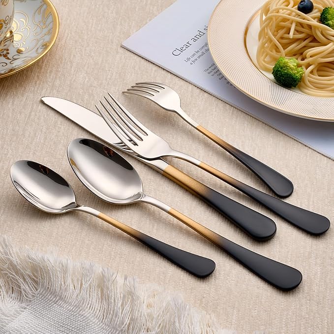 20-Piece Black Gold Silverware Set 18/0 Stainless Steel Silverware Set Black Gold Handle Cutlery Set Service for 4 Dinner Knives Forks Spoons Set Flatware Set Finish Dishwasher Safe