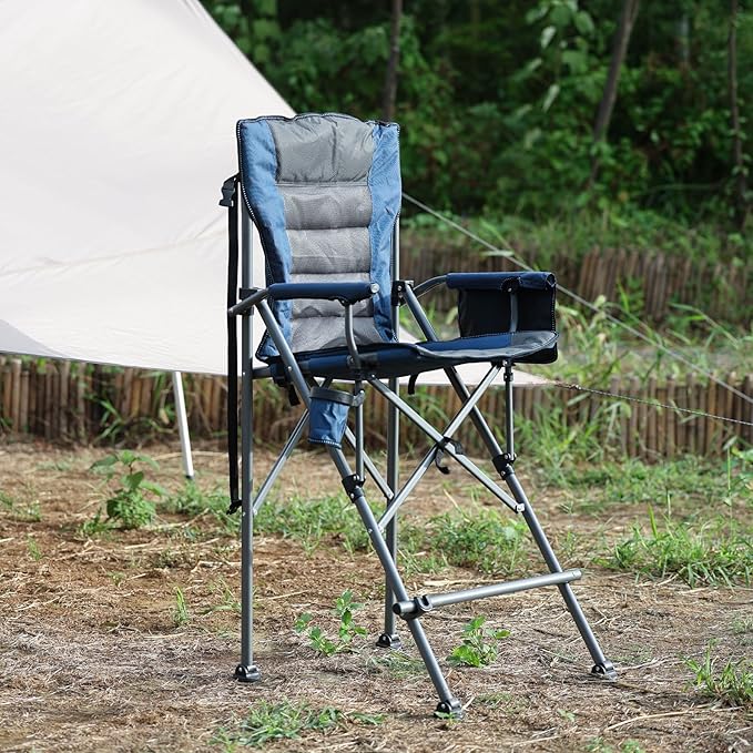 Extra Tall Folding Chairs for Adults 2 Pack Portable Bar Height Foldable Director Chairs for Camping Outside Comfortable with High Back and Footrest Blue