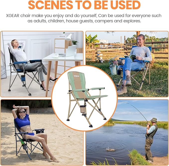 XGEAR Camping Chair Hard Arm High Back Lawn Chair Heavy Duty with Cup Holder for Camp Fishing Hiking Outdoor Carry Bag Included