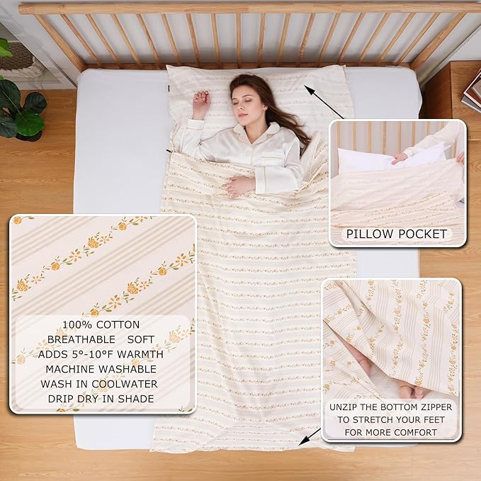 100% Cotton Sleeping Bag Liner with Full Length Zipper on 3 Sides Single/Double Adult Sleep Sack for Travel &amp Camping Multifunctional Travel Sheets (Unzipped 87”x87”) for Hotel Lightweight