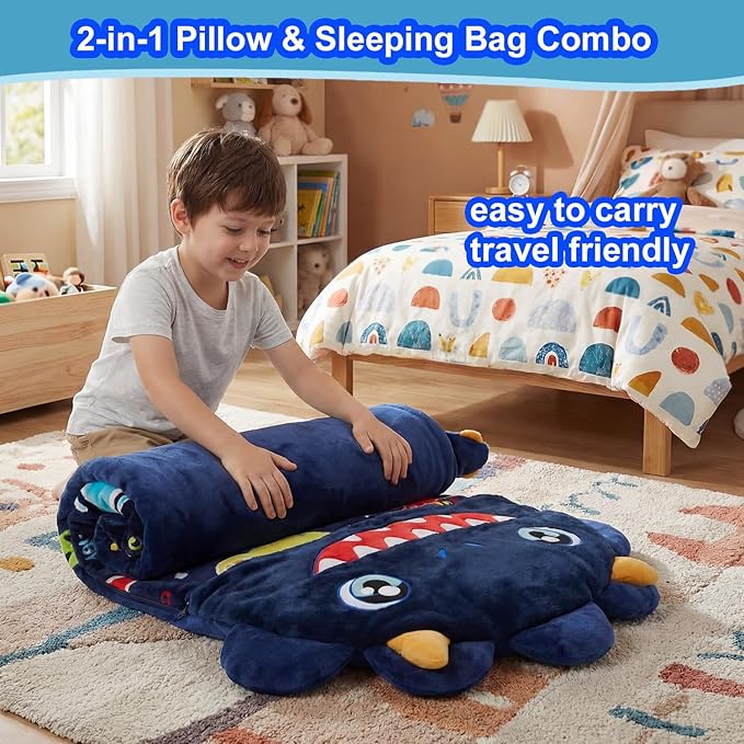 Kid Sleeping Bag with Pillow - Larger Nap Mat - Plush Slumber Bag for Boys Girls Daycare Preschool Kindergarten Birthday Gift Travel Sleepover Ages 3-12 Years