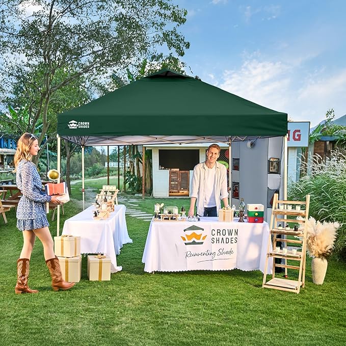 CROWN SHADES Canopy Tent 10x10 Pop Up Canopy Outdoor Shade with Pockets Sidewall Easy Up Sun Shelter with One Person Set Up Center Lock Portable Instant Camping Beach Canopy Tents Forest Green