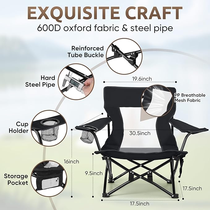 HaSteeL Folding Beach Chair Set of 3 Foldable Black Camping Chairs &amp Grey Table for Outside Low Beach Chair Portable for Adults Fishing Picnic Outdoor BBQ Cup Holder &amp Storage Bag