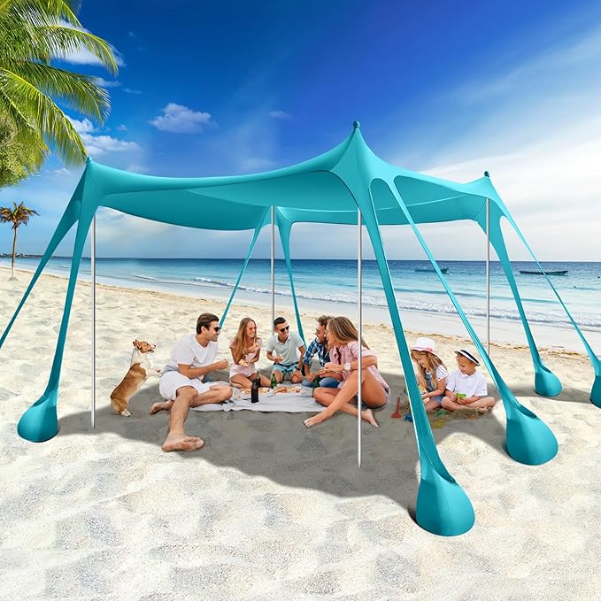 Rhino Valley Beach Tent Shade Canopy UPF50+ Protection 8 Sandbags 4 Stability Poles Outdoor Sun Shelter Umbrella for Sand Camping Fishing Essentials