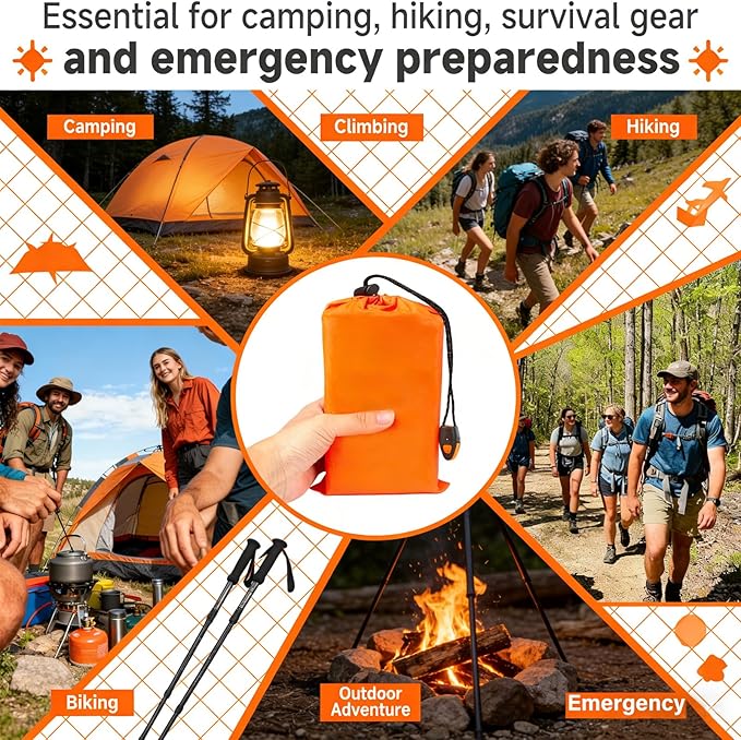 Sleeping Bag Terrashell Blanket Emergency Sleeping Bag Waterproof Compact Lightweight Extra Thick Heat Blanket Survival for Survival Kit Car Camping Gear Hiking Go (65μm) (2PCS)