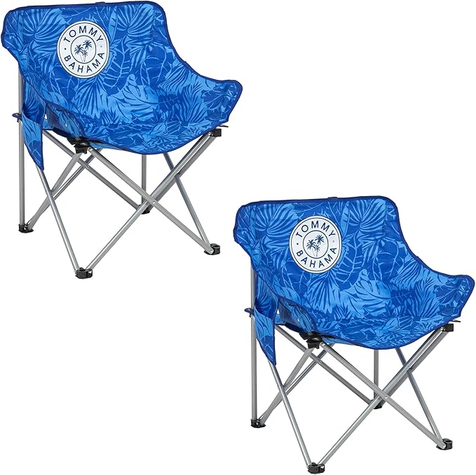 Tommy Bahama Go Everywhere 2-Pack Outdoor Folding Moon Chairs with Storage Pouch and Carry Bag Lightweight Portable Camping Chairs Supports up to 200 lbs. Blue