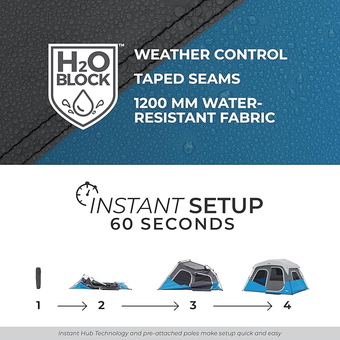 CORE Instant Cabin Tents with LED Lights | 6 Person / 9 Person / 12 Person Family Multi Room Lighted Pop Up Tents for Camping | Included Storage Pockets for Camping Accessories