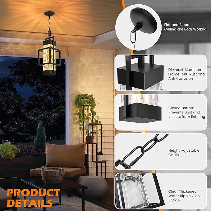 Hotsonic 15'' Outdoor Indoor Pendant Celing Light Fixture Modern Exterior Hanging Chandelier Porch Lights Black Aluminum Outside Lantern Lamp for Entrance Foyer Entryway (Bulb Included)