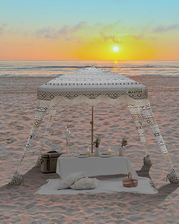 OutdoorMaster Beach Cabana with Fringes Portable 6' x 6' Beach Canopy for Sand Easy Set Up Beach Shelter Included Side Wall UPF 50+ UV Protection Sun Umbrella - for Family &amp Friends