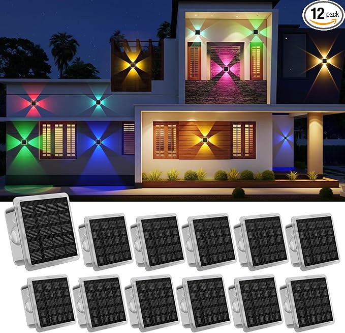 Solar Fence Lights Outdoor New 4-Way Lighting Fence Lights Solar Powered with 8 Modes Warm White/RGB IP65 Waterproof Solar Wall Light for Backyard Wall Pathway Deck Patio Decor - 12 Pack