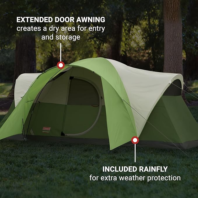 Coleman Montana 8-Person Camping Tent with Rainfly Weatherproof Family Tent Sets Up in 15 Mins Fits Multiple Airbeds
