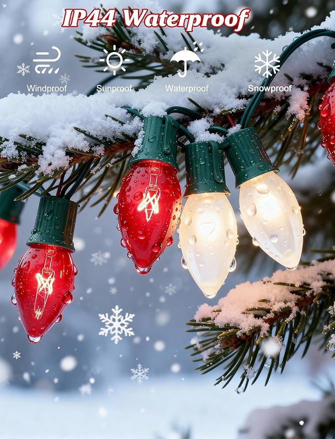 25FT C9 Christmas Outdoor LightsRed and Frosted White Christmas Lights with 26 Bulbs(1 Spare)Commercial Vintage Red White String Light for Tree Yard Garden Porch Party