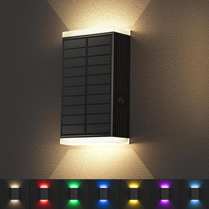 Solar Wall Light Outdoor  RGB &amp Warm White 8 Modes Dusk to Dawn Lighting Wall Sconce IP67 Waterproof Up and Down Solar Lights Outdoor Front Door Light for House Garage Porch DoorwayFence (1PA