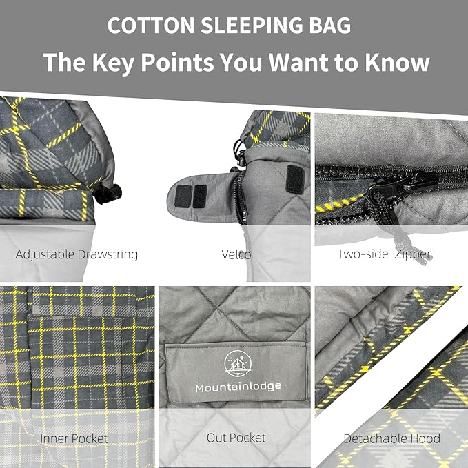 Mountainlodge 100% Cotton Shell and Lining Sleeping Bag for Adult Cold Weather with Compression Bag&ampCarry Bag for CampingTravel and Car Camping