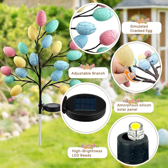 2 Pack Solar Easter Egg Lights Outdoor 40 LED Waterproof Solar Easter Yard Decorations Outdoor Easters Yard Stakes Lights with 2 Lighting Modes for Outside Lawn Walkway Patio Cemetery Grave