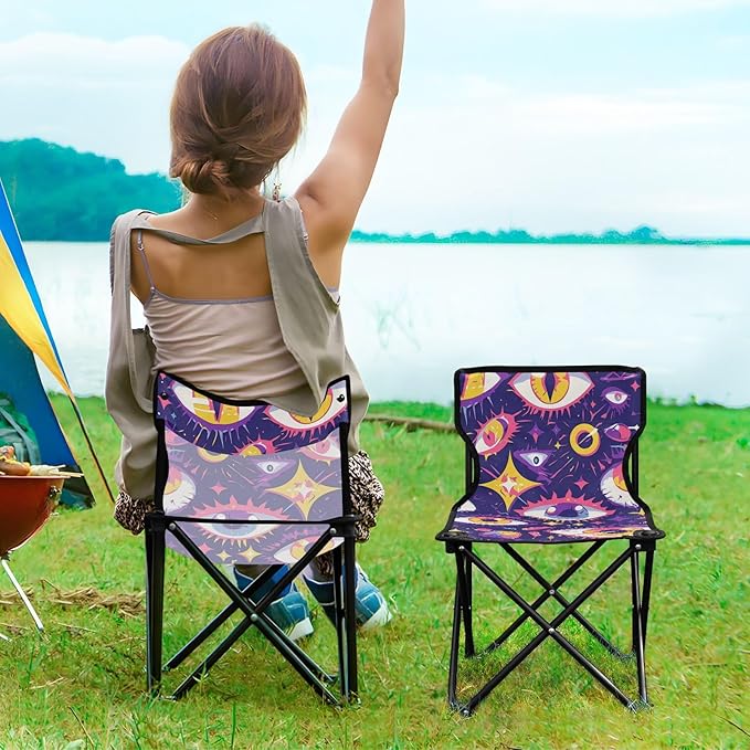 Cartoon Mystery Purple Eyes Folding Foldable Chairs Indoor Lightweight Beach Chair Backpack with Carrying Bag Lawn Chairs for Adults Heavy Duty for Hiking Lawn
