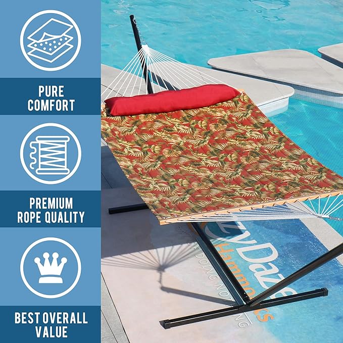 Lazy Daze Hammocks 12FT Quilted Fabric Hammock with Soft Pillow Double 2 Person Tree Hammock with Spreader Bar for Outside Patio Poolside Backyard Beach 450 lbs Capacity Red Leaf
