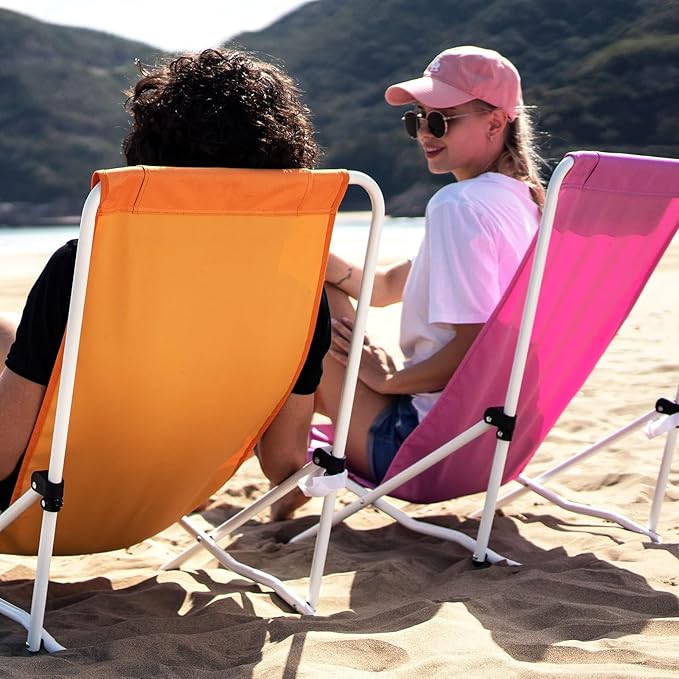 SUNNYFEEL Folding Low Beach Chair High Back Lightweight Portable Sand Chair with Pillow for Adults Heavy Duty 300 LBS Easy-to-Use Foldable Camping Chairs for Camp/Lawn/Outdoor/Travel/Picnic