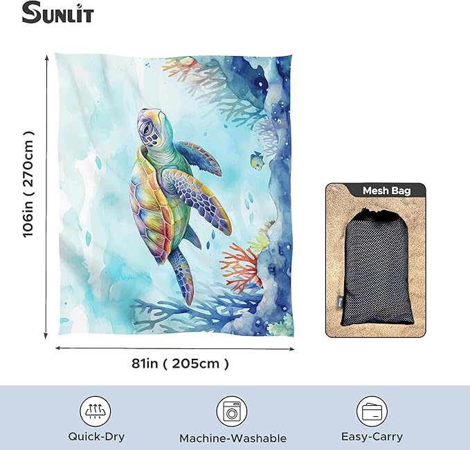 Sunlit Silky Soft 81x106 Sand Proof Beach Blanket Sand Proof Mat with Corner Pockets and Fashion Mesh Bag for Beach Party Travel Camping and Outdoor Music Festival Vibrant Turtle and Coral