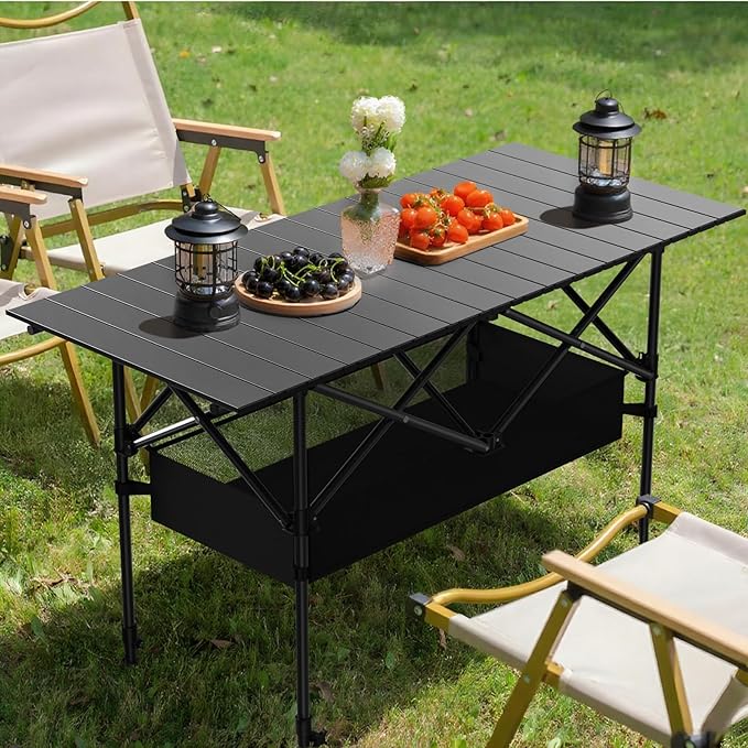 4FT Folding Camping TablePortable Roll-up Picnic Table with Carry Bag &amp Mesh StorageLightweight Camp Table for CampingPicnicBackyardPartyPatioBBQ