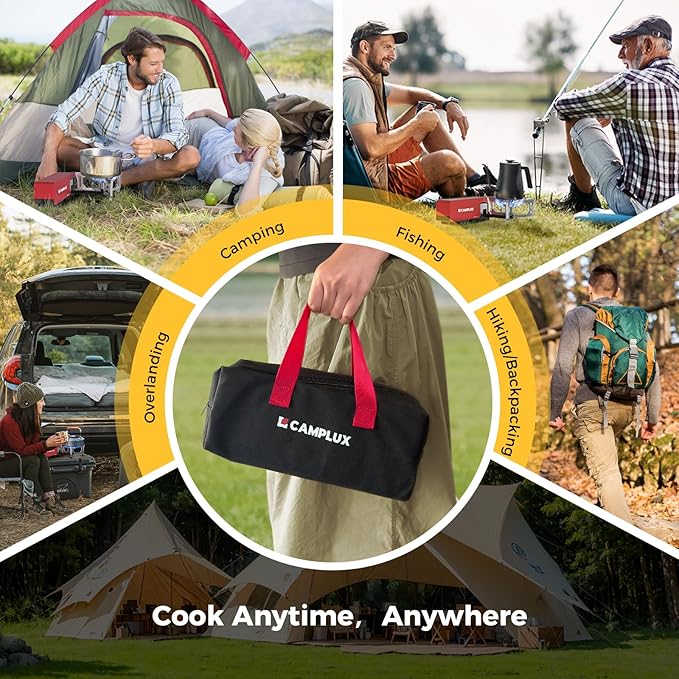 CAMPLUX FoldGo Camping Stove 7500 BTU Portable Butane Gas Stove Foldable Cassette Stove with Carry Bag &amp Adjustable Burner CSA Certified Collapsible Butane Stove for Outdoor Cooking Red