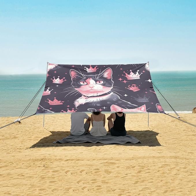 ALAZA Cat Kitten Crown Beach Tent Sun Shelter UPF50+ Protection Beach Shade Canopy w/ 4 Sandbags for Outdoor Camping Fishing Backyard Fun Picnic 10x9 ft