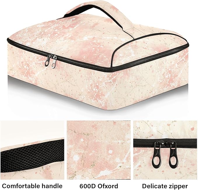 Casserole Carrier Soft Delicate Pattern Light PinkInsulated Casserole Carrier for Hot or Cold Food Thermal Lunch Tote for Potluck Parties Picnic Beach Fits 9 x 13 Inches Baking Dish