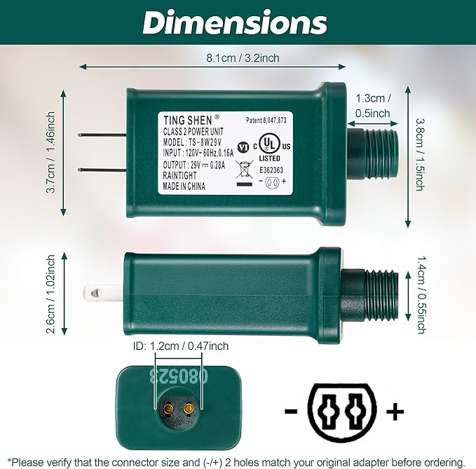 Enhon 29V LED Power Supply UL Certification LED Transformer Replacement Class 2 Power Supply Low Voltage Transformer US Plug Adapter for Christmas Tree Light Green Right Positive(TS-8W29V)