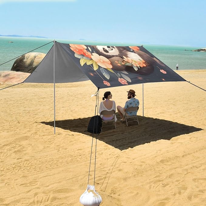 ALAZA Cute Sloth Flowers Beach Tent Sun Shelter UPF50+ Protection Beach Shade Canopy w/ 4 Sandbags for Outdoor Camping Fishing Backyard Fun Picnic 10x9 ft