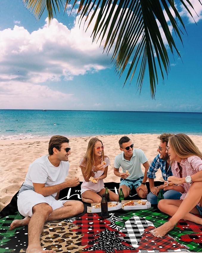 Beach Blanket Waterproof Sandproof OversizedMerry Christmas Leopard Xmas Tree Beach Mat with Corner Stakes Sand PocketsRed Black Buffalo Plaid Outdoor Picnic Mat for Travel Camping Hiking 95x80In
