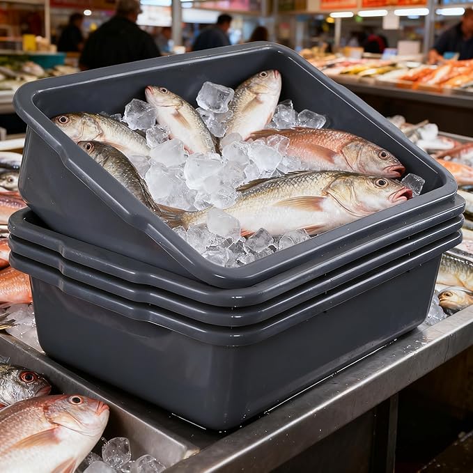 4-Pack 32 L Plastic Dish Tub Large Utility Bus Box Restaurant Dish Bin Gray