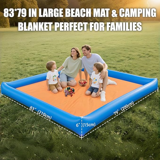 Sandproof Beach Blanket79×83 with 6 Inflatable Pillow Walls Beach Mat Sand Free Large Beach Mat Turns Into Tent Water/Sun-Proof Sandless Beach Blanket Portable Outdoor