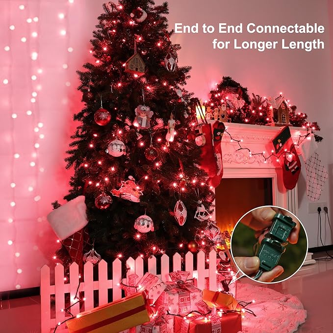 BrizLabs Pink Christmas Lights 69.6ft 300 Count Pink String Lights Connectable UL Certified Incandescent Christmas Lights Green Cord Outdoor Mini Lights Set for Indoor Xmas Party Garden Patio