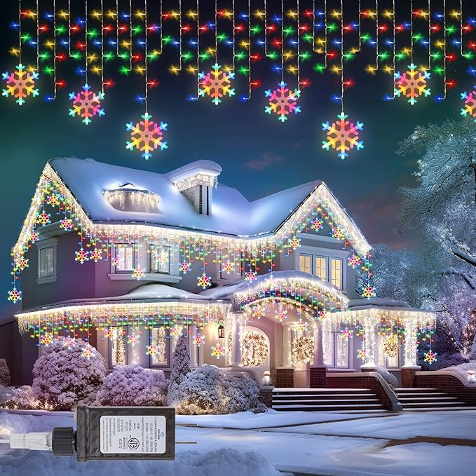 Minetom Icicle Lights Outdoor with Snowflake 20FT 200 LED Icicle Christmas Light with 24 Drops8 Modes Icicle String Light with Remote Timer Waterproof Christmas Lights Outdoor Multicolor
