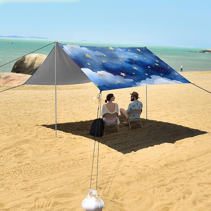 Bolaz Beach Canopy Tent Sun Shade9'×10.5' Large Family Beach Shade UPF50+- Outdoor Shade for Camping Trips FishingBlue White Watercolor Stars Pattern