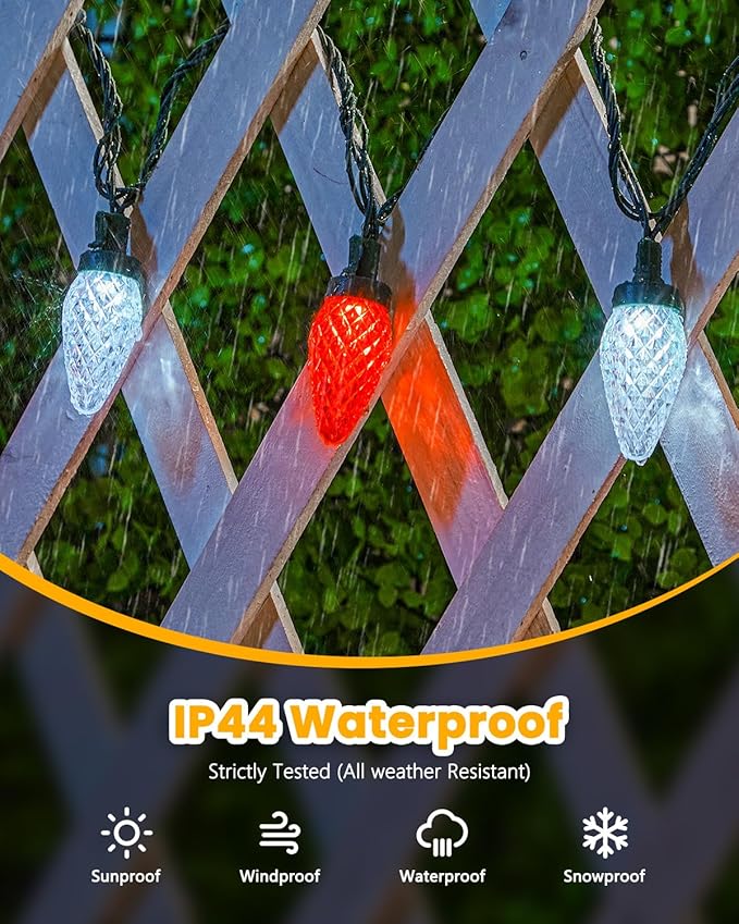 Minetom C9 Christmas Lights Outdoor 88FT 110LED String Lights with 8 Lighting Mode Waterproof Connectable UL Certified C9 Christmas Decorations for Indoor Outdoor Patio Roofline Decor Red＆White