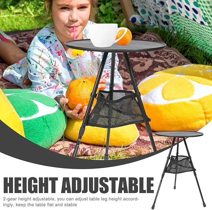 YARNOW Portable Camping Folding Table Adjustable Height Aluminum Alloy Round Table with Mesh Storage Bag Lightweight Outdoor Picnic and Hiking