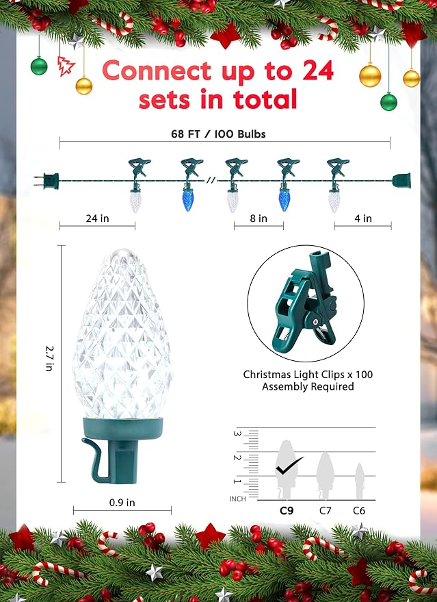 C9 LED Christmas Lights Outdoor 68 Feet 100 LED C9 String Light with 100 Spring Clips Waterproof Connectable Christmas Tree Lights for Outside Roofline Patio Home Xmas Decor Blue &amp Pure White