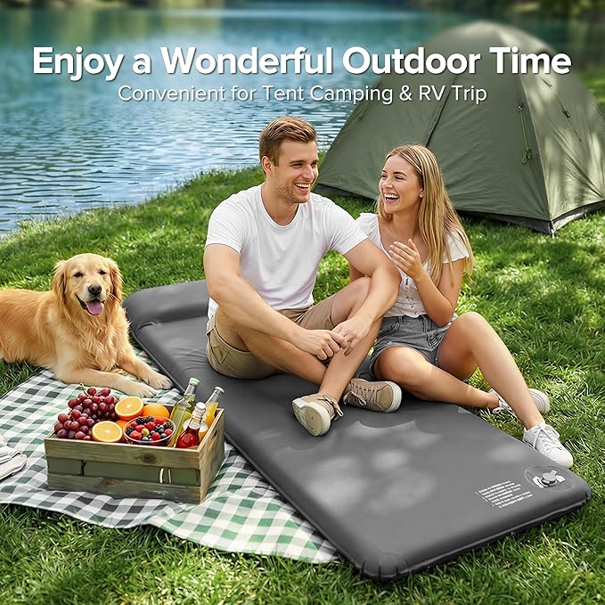 Self-Inflating Sleeping Pad for Camping 3.1 Ultra-Thick Outdoor Camping Mat with Pillow &amp 9.5 R-Value Insulated All-Season Foam Sleeping Pad for Camping Travel Tent Car (Gray)