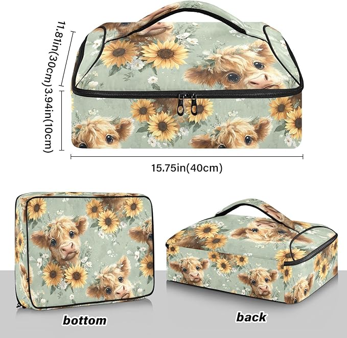 Casserole Carrier Watercolor Pattern Highland CowsInsulated Casserole Carrier for Hot or Cold Food Thermal Lunch Tote for Potluck Parties Picnic Beach Fits 9 x 13 Inches Baking Dish