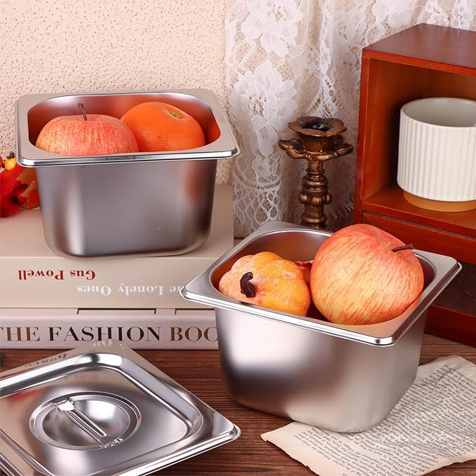10 Set Stainless Steel Hotel Pans with Lids 1/6 Size 4 Inch Deep Steam Table Pans Food Containers Catering Food Storage Metal Pan Lid Anti-Jam Steam Pan Cover for Commercial Restaurant Hotel Buffet