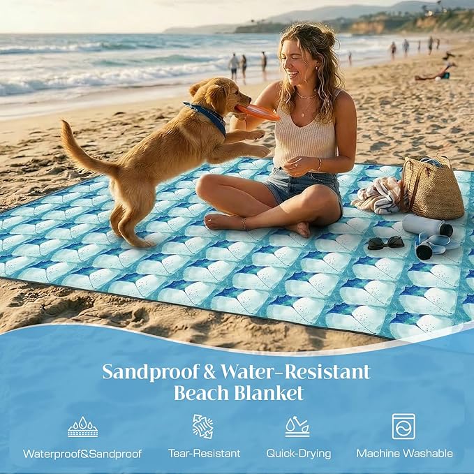 OIGAE 7x7ft Sandproof Beach Blanket - Large Waterproof Picnic Mat for 3-4 People Lightweight Sand Free Mat for Summer Vacation with 6 Stakes &amp 4 Corner Pockets for Beach Camping Festivals