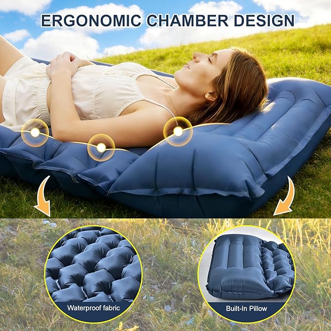 Camping Sleeping Pad | Ultra Lightweight &amp Compact | Ergonomic Camping Mattress for Indoor &amp Outdoor Use | Portable Sleeping Mat with Built-in Foot Pump &amp Pillow for Camping Hiking Trave