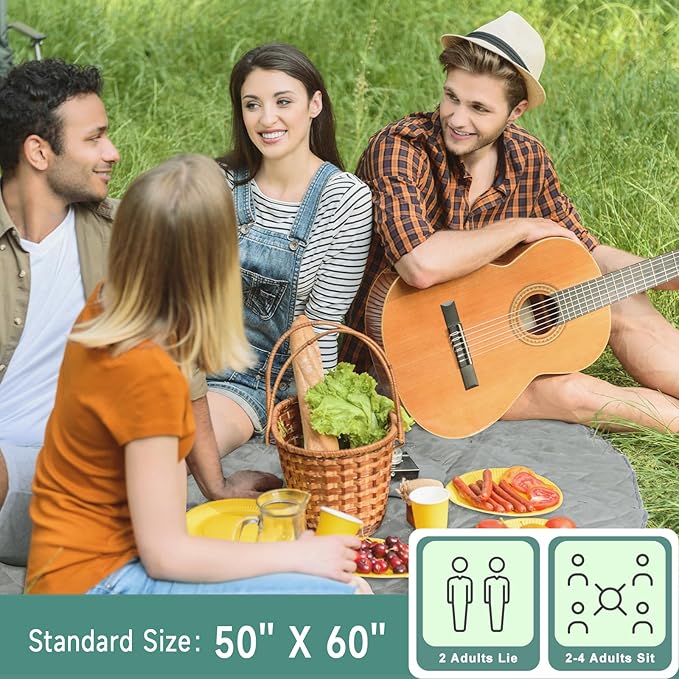Solaris Waterproof Picnic Blanket Lightweight 50” x 60” Foldable Sandproof Beach Blanket with Large Pocket Portable Outdoor Camping Blanket Great Couples Gift Ideas Gray Wavy