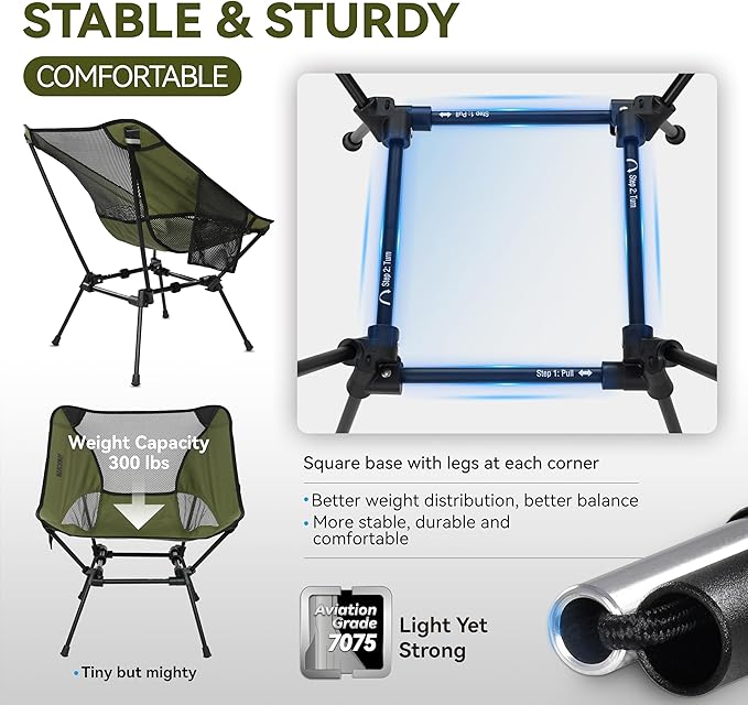 MARCHWAY Ultralight Folding Camping Chair Heavy Duty Portable Compact for Outdoor Camp Travel Beach Picnic Festival Hiking Lightweight Backpacking (Green)