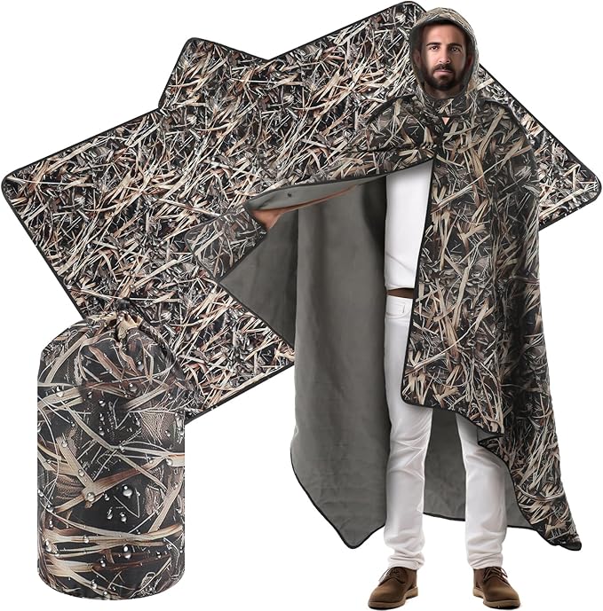 55 x 95 Waterproof Woobie Camo Blanket for Hunting Extra Outdoor Stadium Blankets Sherpa Lining with Hood and Storage Pocket for Deer Duck Hunting Gear Blind Accessories(Waterfowl Grass Camo)