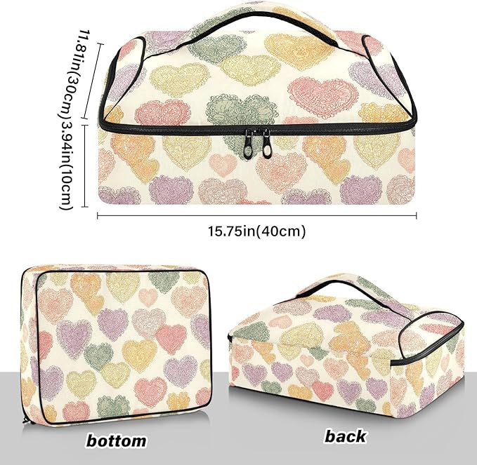 Casserole Carrier Lace Heart PatternInsulated Casserole Carrier for Hot or Cold Food Thermal Lunch Tote for Potluck Parties Picnic Beach Fits 9 x 13 Inches Baking Dish