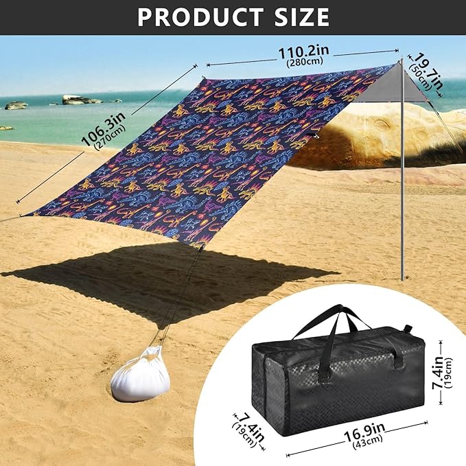 ALAZA Dinosaur Dino Neon Beach Tent Sun Shelter UPF50+ Protection Beach Shade Canopy w/ 4 Sandbags for Outdoor Camping Fishing Backyard Fun Picnic 10x9 ft