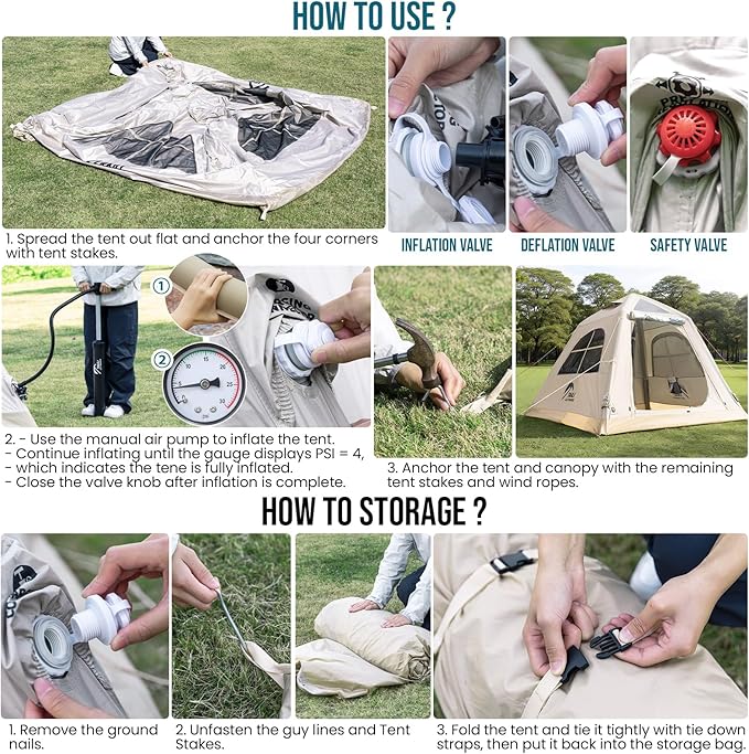 TAILI Inflatable Blow Up Tent for Camping with Hand Pump for 3/4/6 Person Easy Setup Outdoor Inflatable Oxford Waterproof Air Tent House for Family Camping Adult